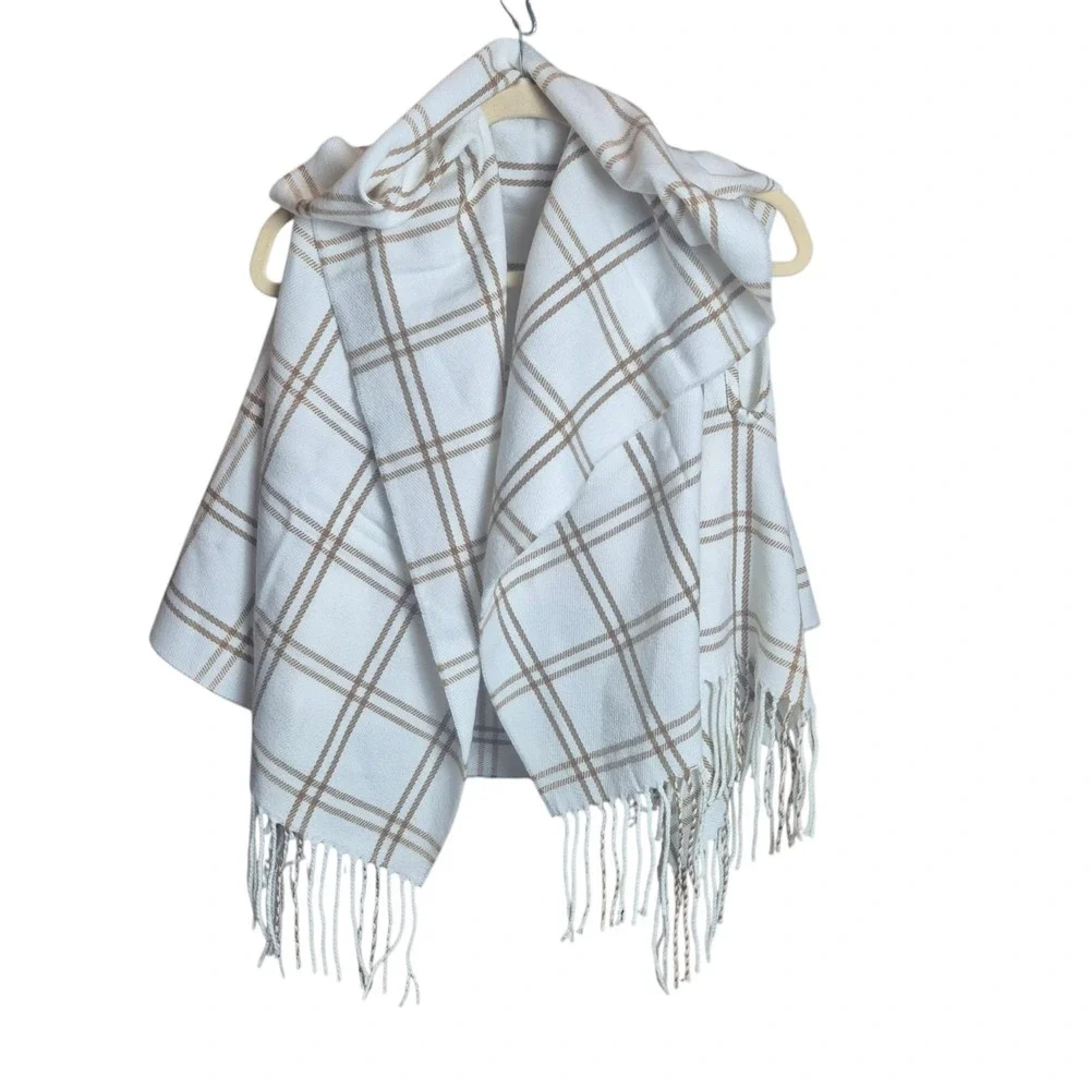 J.Crew Women's One Size Plaid Ruana Cape Wrap‎ Fringe Shawl Ivory Tan NWT